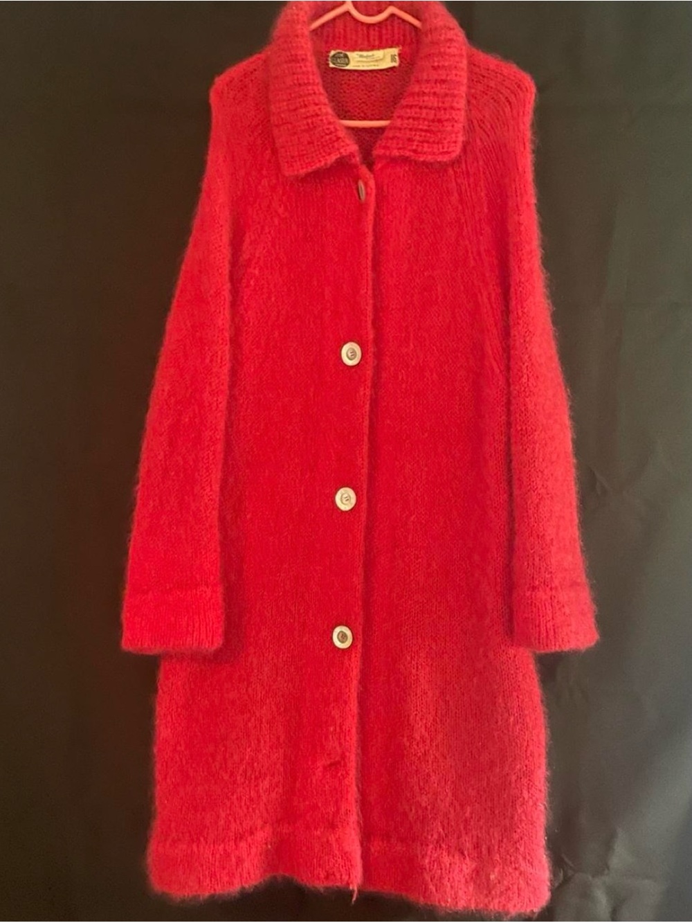 Vintage 1960s Vibrant Red Mohair Full Length Abalone Button Coat